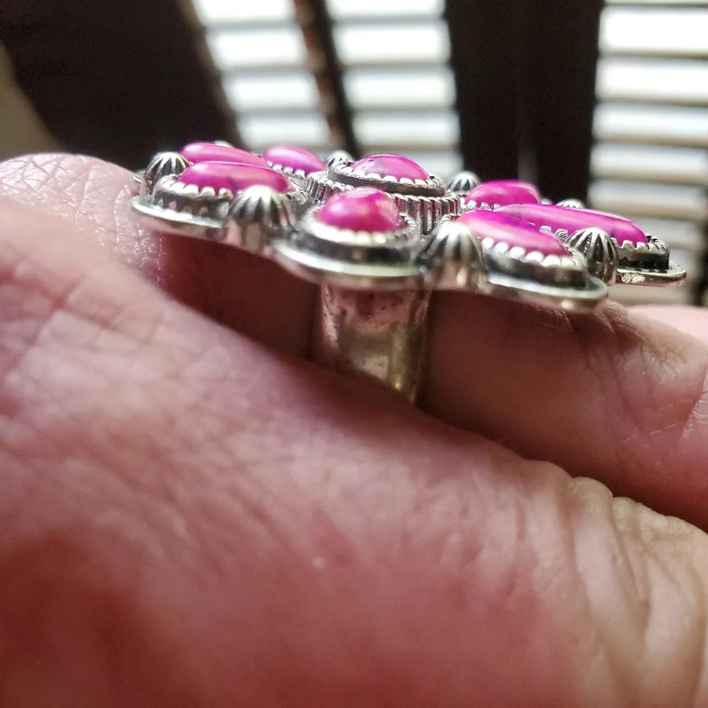Free Spirit Boho Native South Western People Pink Stone Beaded Flower Ring